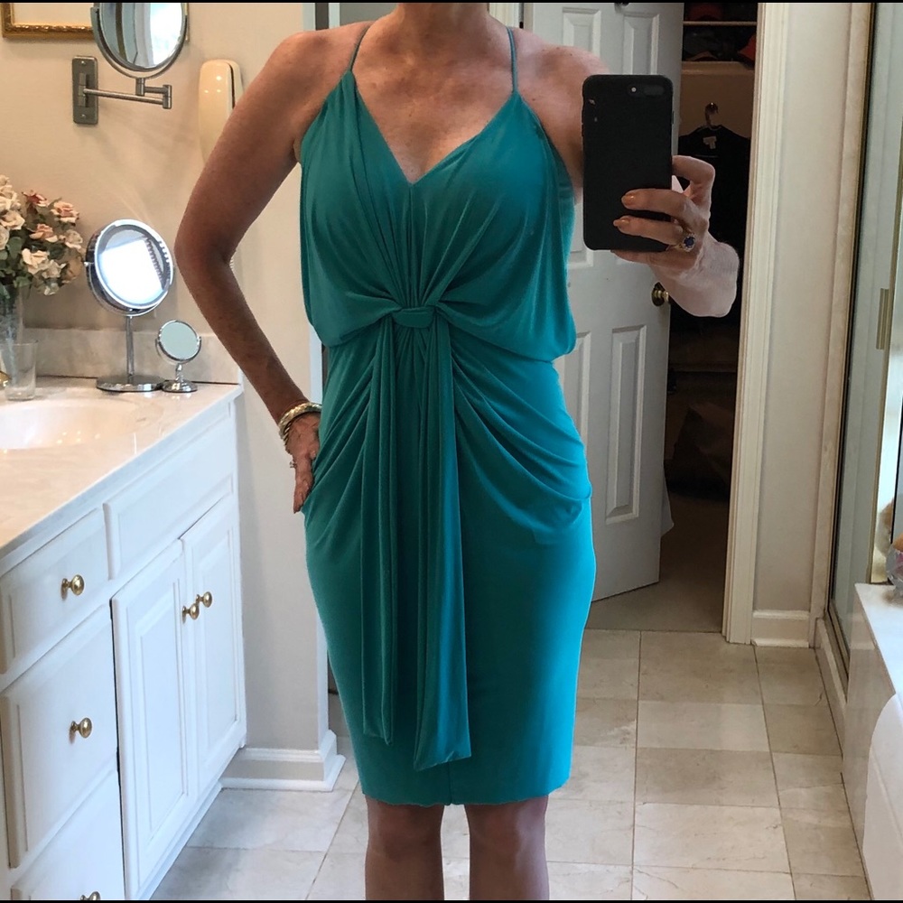 Evening cocktail dress gathered stretch green, SzS - Picture 7 of 7